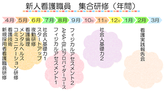 図4：新人看護職員　集合研修（年間スケジュール）4月は新規採用職員研修、看護技術、5月はコミュニケーション・メンタルヘルス研修など段階に応じた年間の研修計画図。