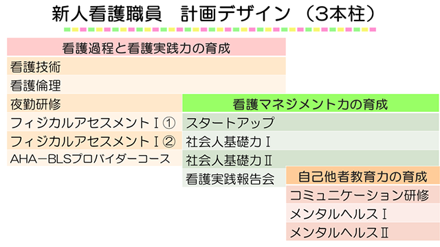 図3：新人看護職員　計画デザイン（3本柱） 看護過程と看護実践力の育成、看護マネジメント能力の育成、自己他者教育力の育成に沿った研修計画。