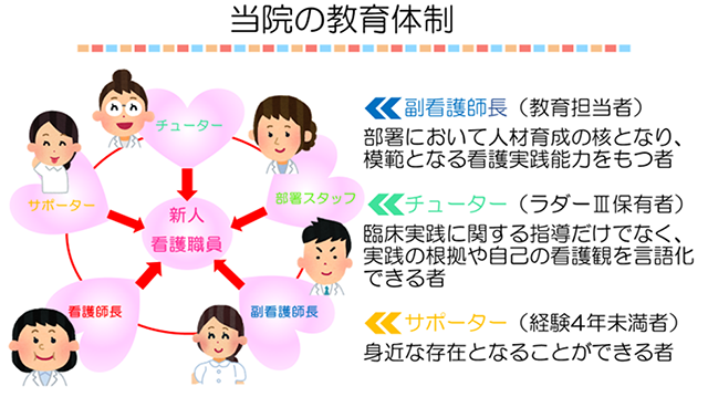 図2：当院の教育体制 教育担当者の副看護師長、ラダーⅢ保有者のチューター、経験4年未満のサポーターらで新人看護職員の教育を支援します。