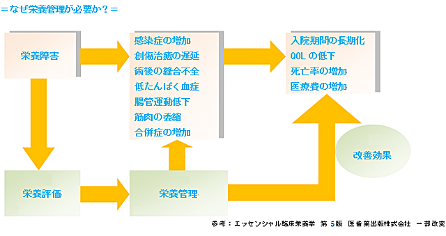 図：栄養管理の必要性　栄養障害が起こると、感染症の増加等の結果を招きます。栄養管理を適切に行うことで入院期間の長期化、QOLの低下等を予防/改善する効果があります。